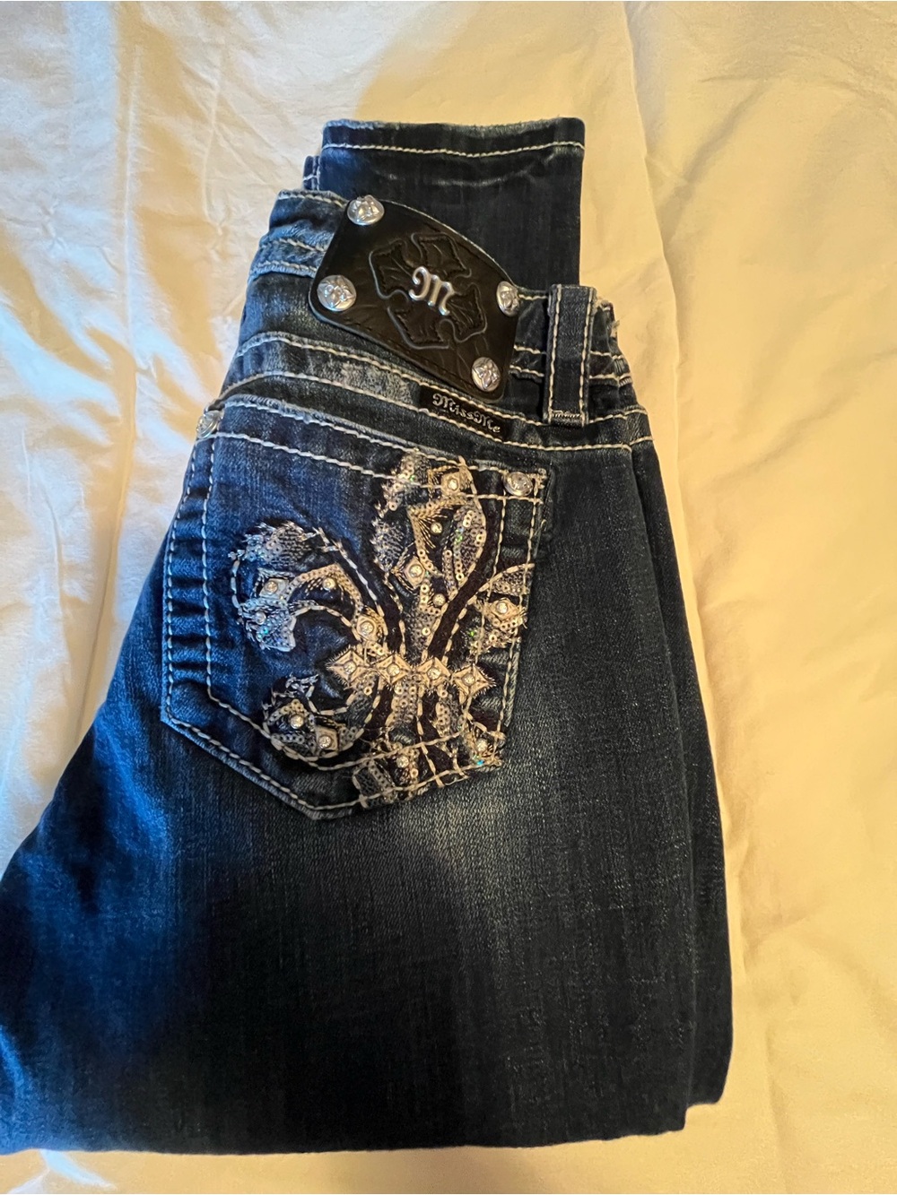 Miss Me Dark Blue Bootcut Jeans with Embellished Fleur-de-Lis Pocket - Picture 2 of 3